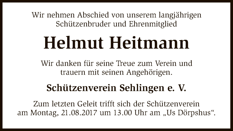  Traueranzeige für Helmut Heitmann vom 18.08.2017 aus SYK