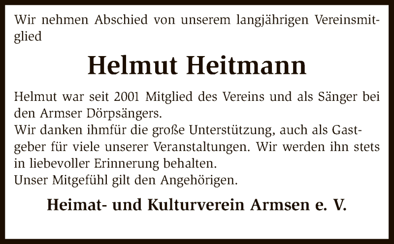  Traueranzeige für Helmut Heitmann vom 16.08.2017 aus SYK