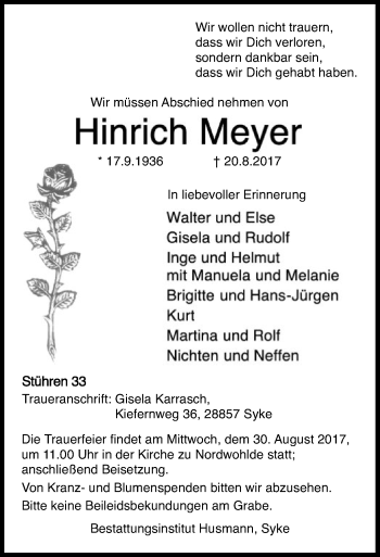 Traueranzeige von Hinrich Meyer von SYK