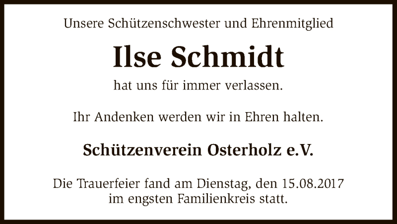  Traueranzeige für Ilse Schmidt vom 23.08.2017 aus SYK