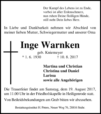 Traueranzeige von Inge Warnken von SYK