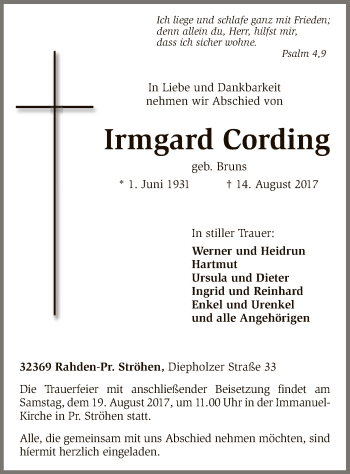 Traueranzeige von Irmgard Cording von SYK