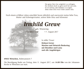 Traueranzeige von Irmhild Grewe von SYK