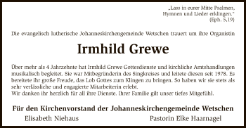 Traueranzeige von Irmhild Grewe von SYK