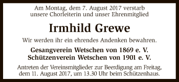 Traueranzeige von Irmhild Grewe von SYK