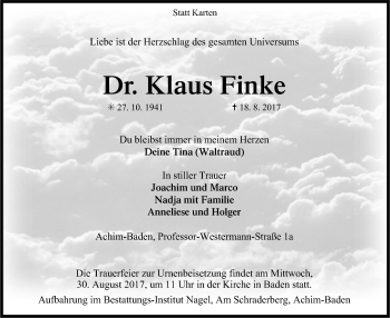 Traueranzeige von Klaus Finke von SYK