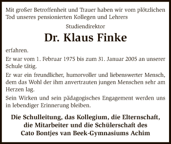 Traueranzeige von Klaus Finke von SYK