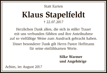 Traueranzeige von Klaus Stapelfeldt von SYK