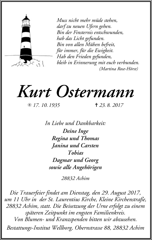  Traueranzeige für Kurt Ostermann vom 26.08.2017 aus SYK