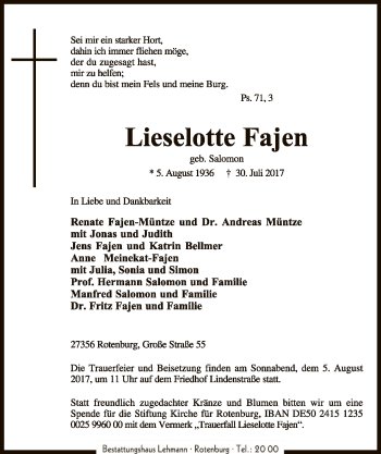 Traueranzeige von Lieselotte Fajen von SYK