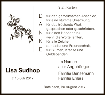 Traueranzeige von Lisa Sudhop von SYK