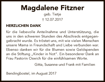 Traueranzeige von Magdalene Fitzner von SYK