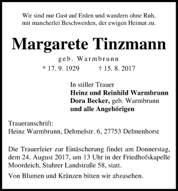 Traueranzeige von Margarete Tinzmann von SYK