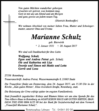 Traueranzeige von Marianne Schulz von SYK
