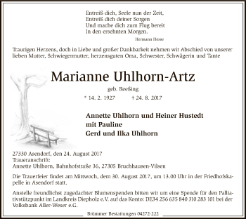 Traueranzeige von Marianne Uhlhorn-Artz von SYK