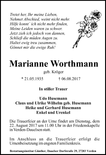 Traueranzeige von Marianne Worthmann von SYK