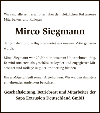 Traueranzeige von Mirco Siegmann von SYK