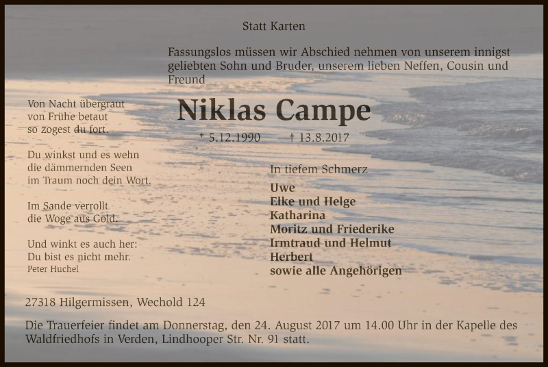  Traueranzeige für Niklas Campe vom 18.08.2017 aus SYK