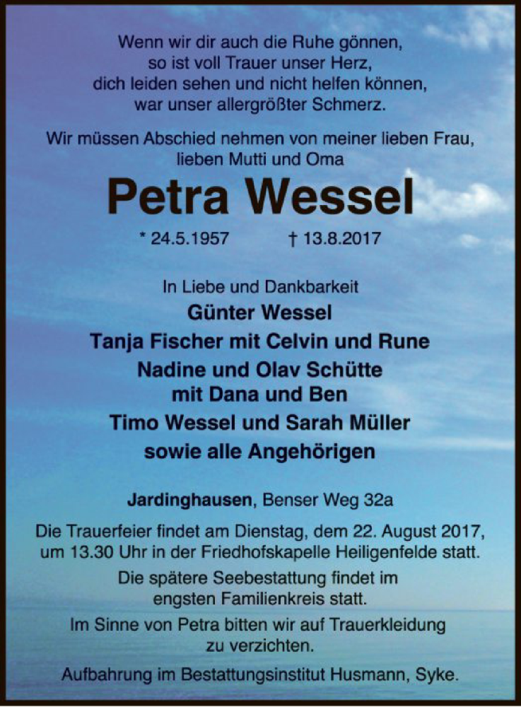  Traueranzeige für Petra Wessel vom 17.08.2017 aus SYK