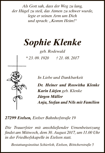 Traueranzeige von Sophie Klenke von SYK