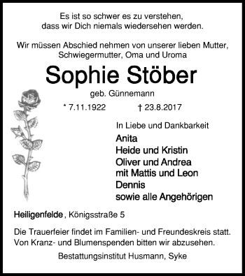 Traueranzeige von Sophie Stöber von SYK