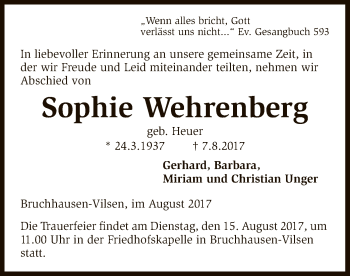 Traueranzeige von Sophie Wehrenberg von SYK