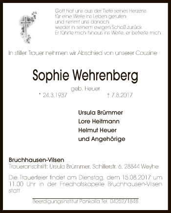 Traueranzeige von Sophie Wehrenberg von SYK