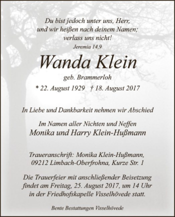 Traueranzeige von Wanda Klein von SYK