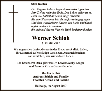 Traueranzeige von Werner Schloh von SYK