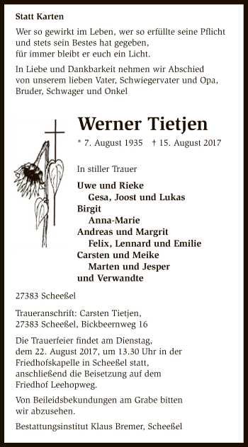 Traueranzeige von Werner Tietjen von SYK