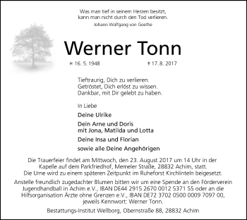 Traueranzeige von Werner Tonn von SYK