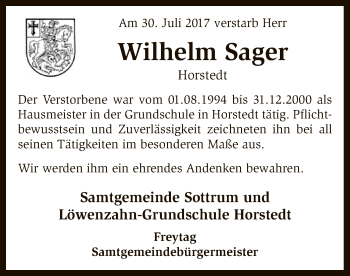 Traueranzeige von Wilhelm Sager von SYK