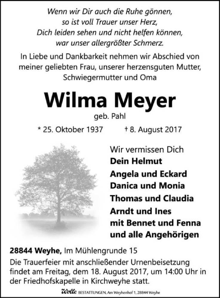  Traueranzeige für Wilma Meyer vom 12.08.2017 aus SYK