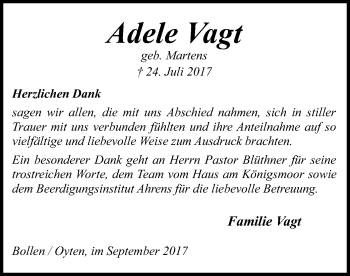 Traueranzeige von Adele Vagt von SYK