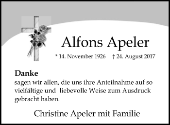 Traueranzeige von Alfons Apeler von SYK