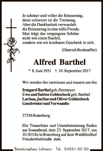 Traueranzeige von Alfred Barthel von SYK