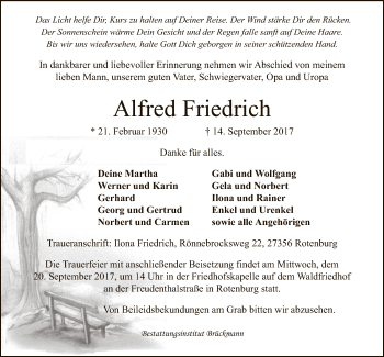 Traueranzeige von Alfred Friedrich von SYK
