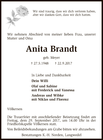 Traueranzeige von Anita Brandt von SYK