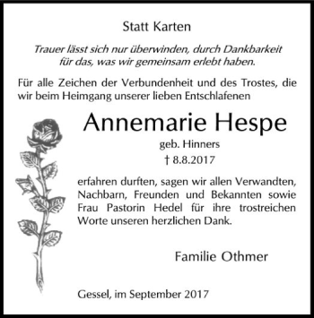 Traueranzeige von Annemarie Hespe von SYK