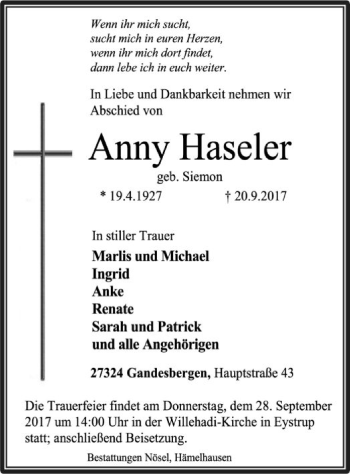 Traueranzeige von Anny Haseler von SYK