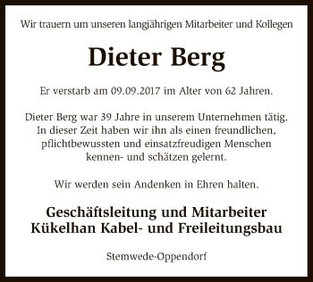 Traueranzeige von Dieter Berg von SYK