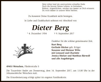 Traueranzeige von Dieter Berg von SYK