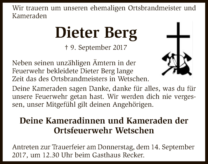  Traueranzeige für Dieter Berg vom 13.09.2017 aus SYK