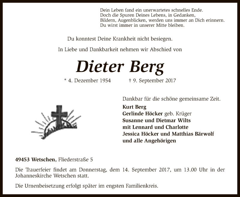  Traueranzeige für Dieter Berg vom 12.09.2017 aus SYK