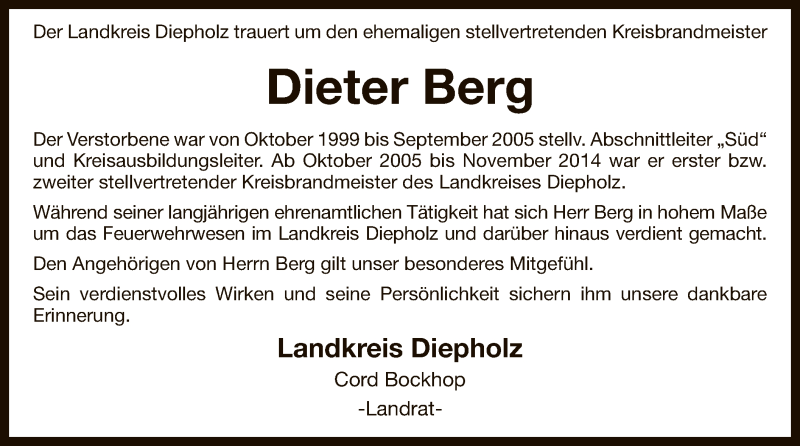  Traueranzeige für Dieter Berg vom 14.09.2017 aus SYK