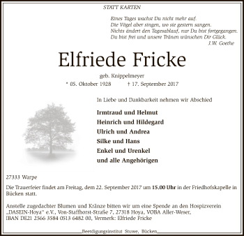 Traueranzeige von Elfriede Fricke von SYK