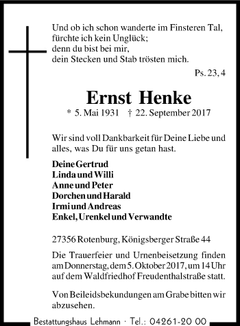 Traueranzeige von Ernst Henke von SYK