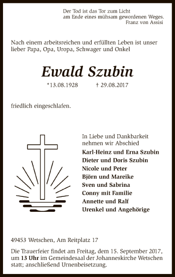 Traueranzeige von Ewald Szubin von SYK