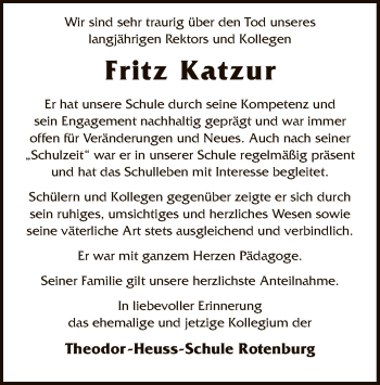 Traueranzeige von Fritz Katzur von SYK