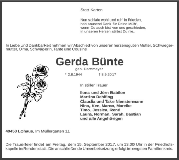 Traueranzeige von Gerda Bünte von SYK